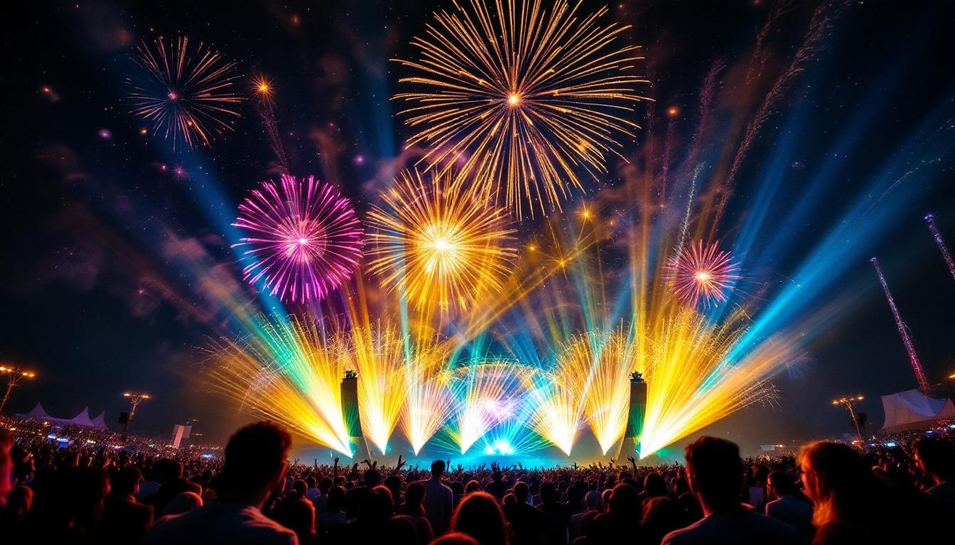 A photograph of a stunning drone light show in action