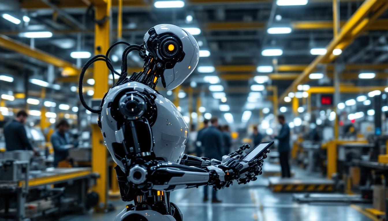 A photograph of a sleek industrial robot in action within a modern manufacturing facility