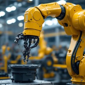 A photograph of a highly detailed industrial robotic arm in action