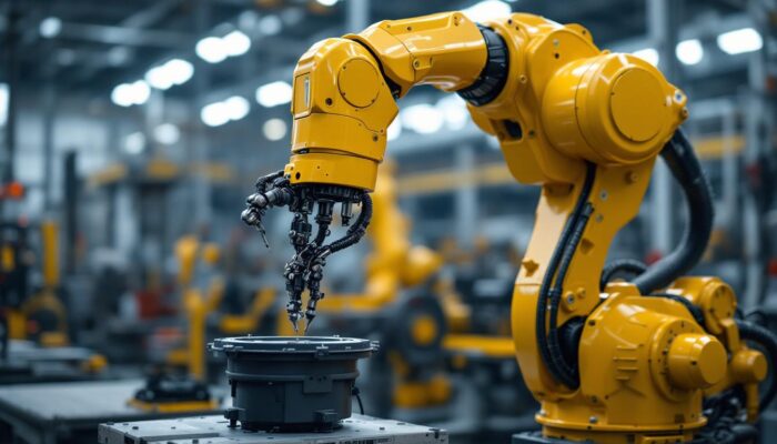 A photograph of a highly detailed industrial robotic arm in action