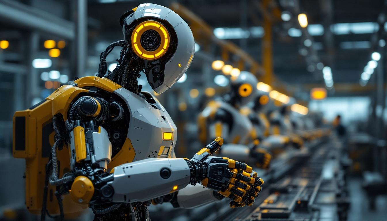 A photograph of a sleek industrial robot in action within a manufacturing setting