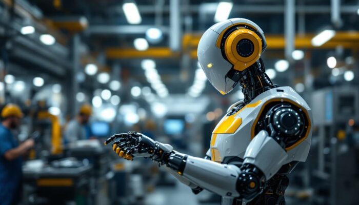 A photograph of a sleek industrial robot in action within a modern manufacturing environment