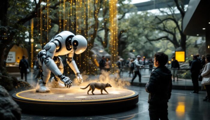 A photograph of a dynamic scene at the boston zoo featuring a robotic exhibit interacting with animals or visitors