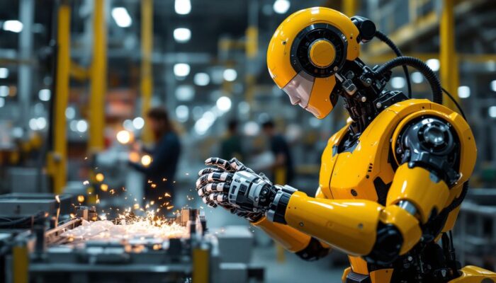 A photograph of a modern industrial robot in action within a manufacturing environment