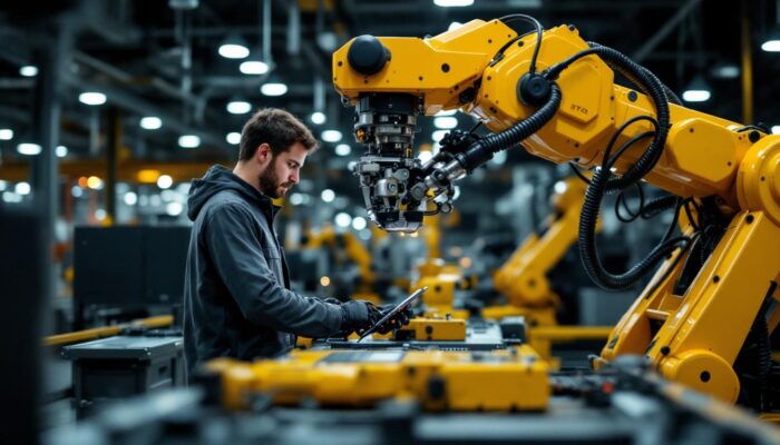 A photograph of a skilled technician programming or operating a state-of-the-art industrial robot in a bustling boston manufacturing facility