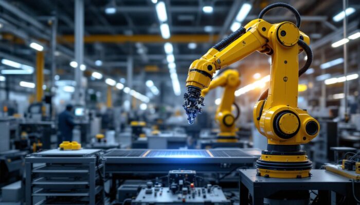 A photograph of a sleek industrial robotic arm in action within a modern manufacturing facility