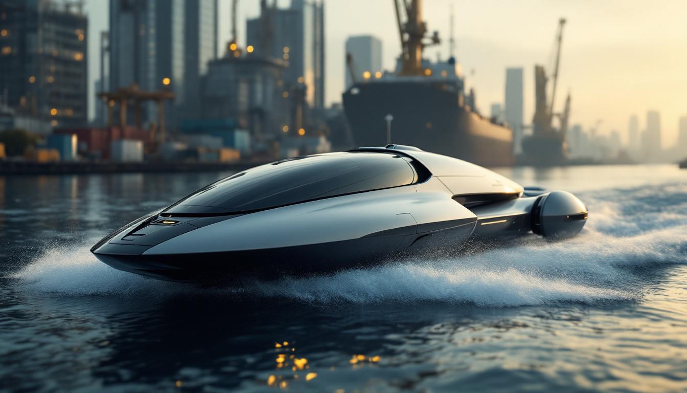 A photograph of a sleek unmanned surface vehicle navigating through water