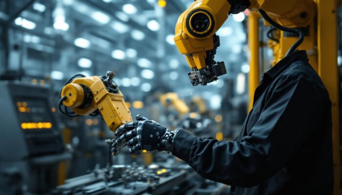 A photograph of capture a photograph of a skilled technician interacting with an industrial robot in a modern manufacturing environment