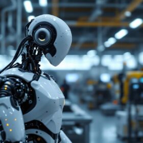 A photograph of a sleek industrial robot in action within a modern manufacturing facility