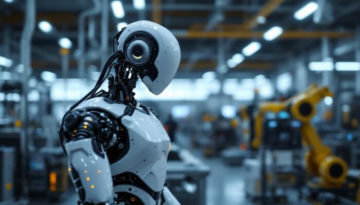 A photograph of a sleek industrial robot in action within a modern manufacturing facility