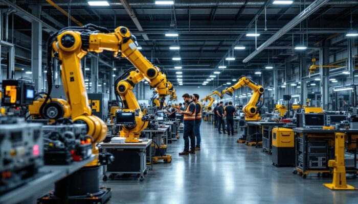 A photograph of a modern industrial robotics facility in san diego