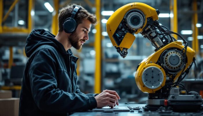 A photograph of a human factors intern interacting with an industrial robot in a modern manufacturing environment