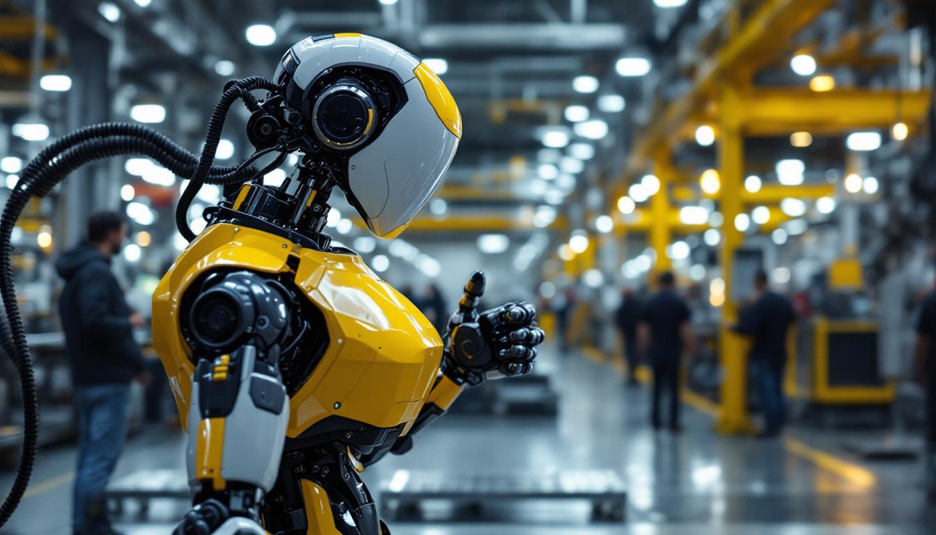 A photograph of a sleek industrial robot in action within a houston manufacturing facility