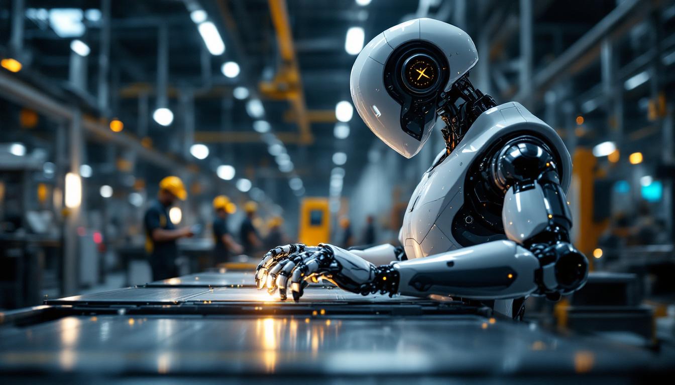 A photograph of a sleek industrial robot in action within a modern manufacturing facility