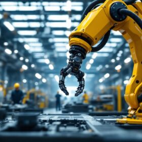 A photograph of a sleek industrial robotic arm in action within a modern manufacturing environment