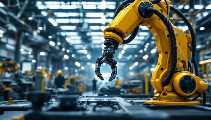 A photograph of a sleek industrial robotic arm in action within a modern manufacturing environment