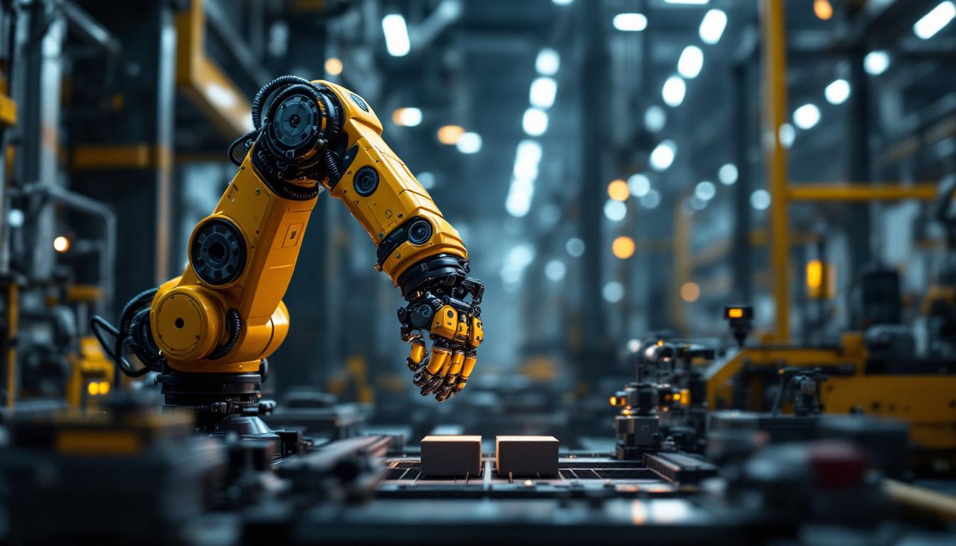 A photograph of a dynamic industrial setting showcasing a robotic arm in action