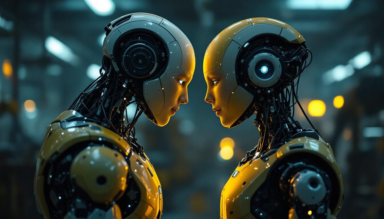 A photograph of a dramatic scene featuring a humanoid robot interacting with a human figure in a futuristic industrial setting