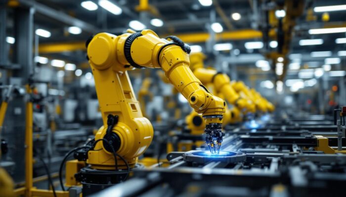 A photograph of a modern industrial setting featuring a robotic arm in action