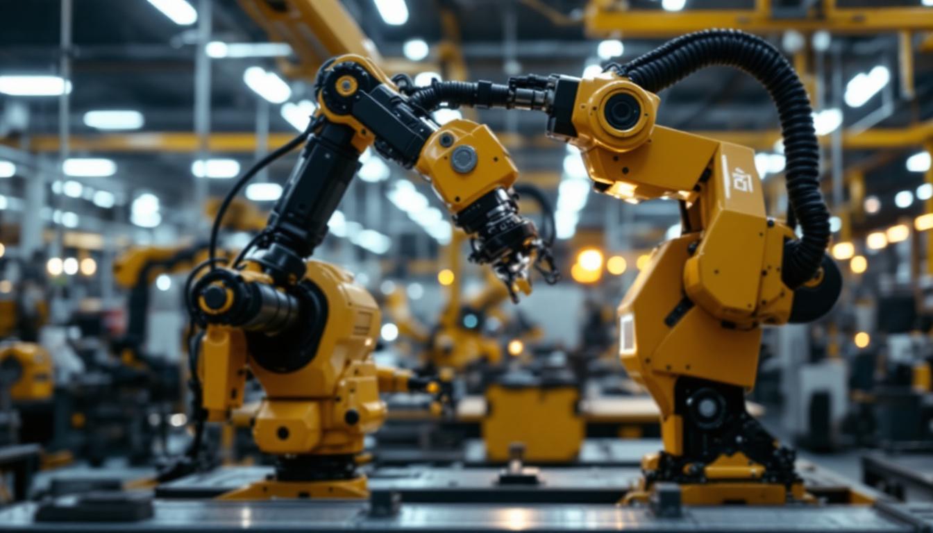 A photograph of a sleek industrial robot in action within a modern manufacturing facility