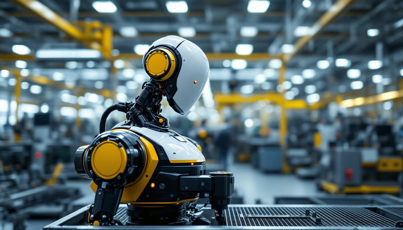 A photograph of a sleek industrial robot in action within a manufacturing environment