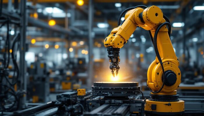 A photograph of a dynamic industrial robotic arm in action