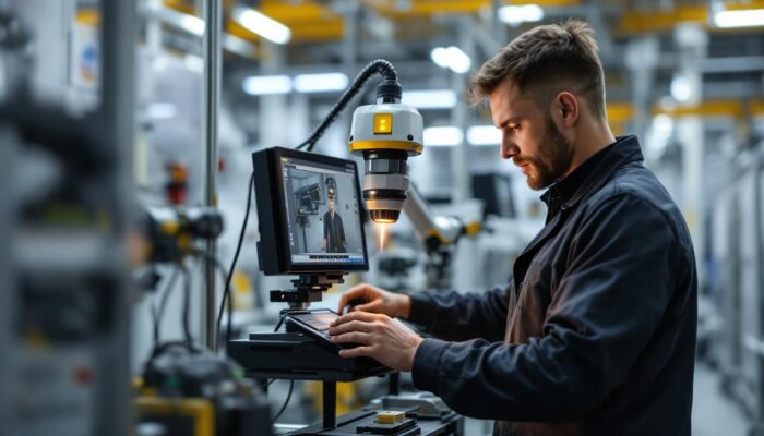 A photograph of a skilled technician operating a laser scanner in an industrial setting