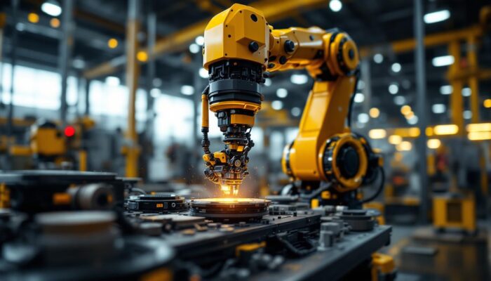 A photograph of a sleek industrial robotic arm in action