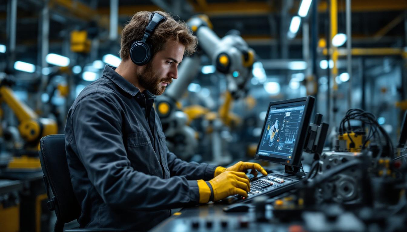 A photograph of a skilled technician programming an industrial robot