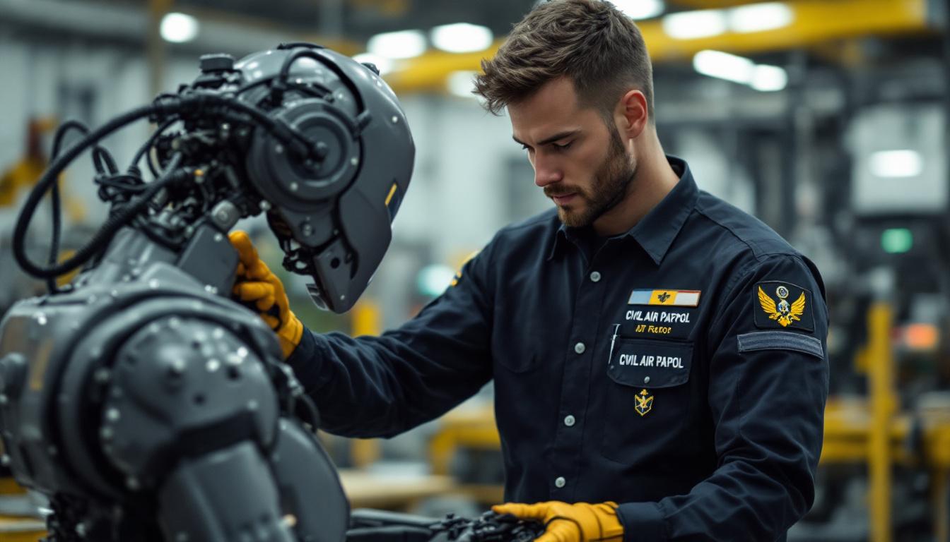 A photograph of a civil air patrol member interacting with an industrial robot in a training or operational setting