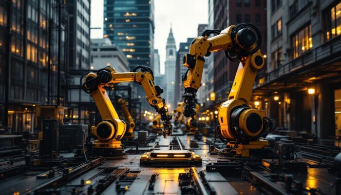 A photograph of a bustling boston industrial area featuring advanced robotic machinery in action