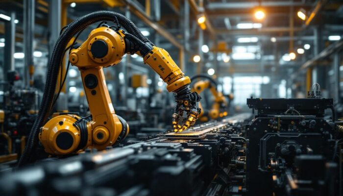 A photograph of a dynamic industrial setting featuring a robotic arm in action