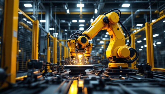 A photograph of a sleek industrial robotic arm in action within a modern manufacturing setting