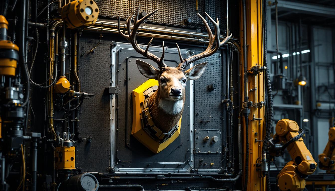 A photograph of a beautifully crafted deer shoulder mount displayed in a modern industrial setting