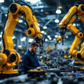 A photograph of a modern industrial robotics workspace featuring advanced robotic arms in action