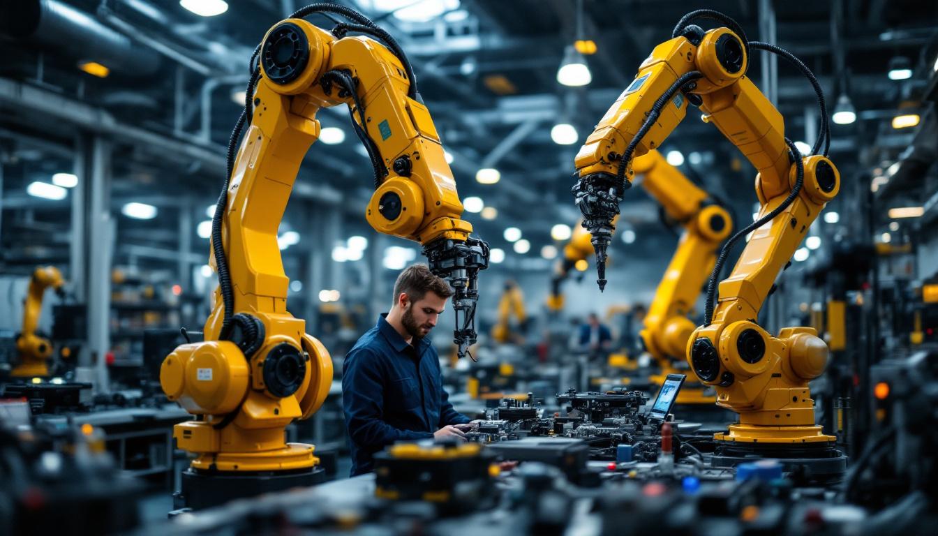 A photograph of a modern industrial robotics workspace featuring advanced robotic arms in action