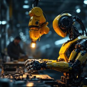 A photograph of an industrial robot in action