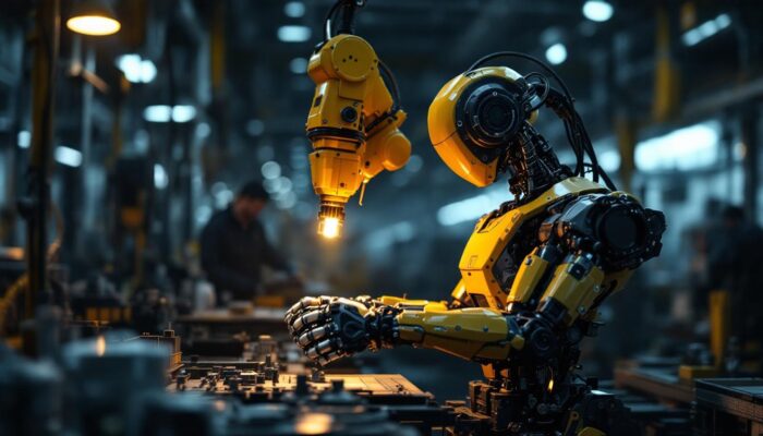 A photograph of an industrial robot in action