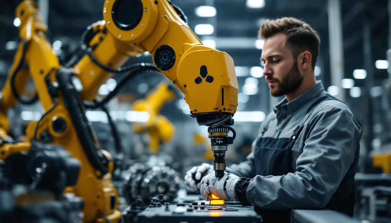 A photograph of a skilled technician manually programming an industrial robot in a modern factory setting