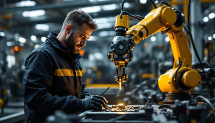 A photograph of a skilled engineer working alongside a robotic arm in a modern industrial setting