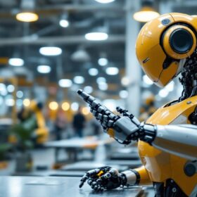 A photograph of a sleek industrial robot in action within a modern manufacturing environment