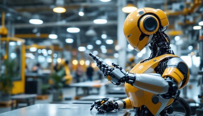 A photograph of a sleek industrial robot in action within a modern manufacturing environment