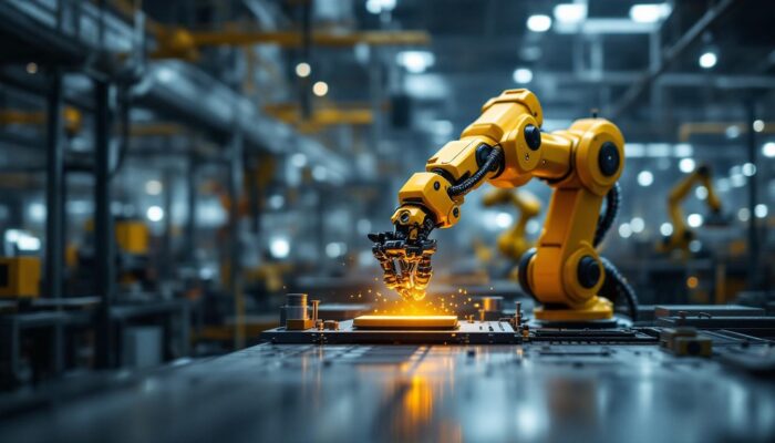 A photograph of a sleek industrial robotic arm in action within a modern warehouse setting