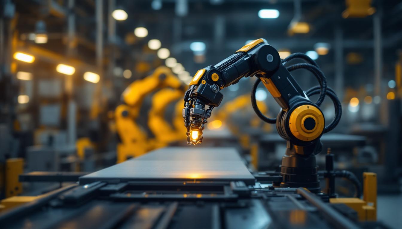 A photograph of a sleek industrial robotic arm in action