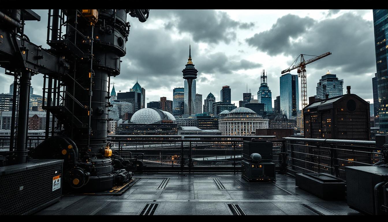 A photograph of capture a photograph of a vibrant montreal cityscape featuring iconic landmarks alongside a modern industrial setting