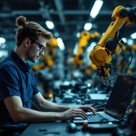 A photograph of a new graduate software engineer working collaboratively with industrial robots in a modern tech workspace