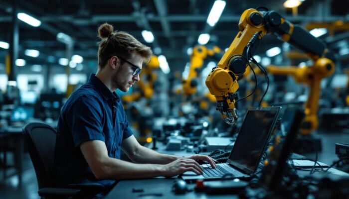 A photograph of a new graduate software engineer working collaboratively with industrial robots in a modern tech workspace