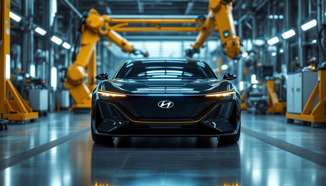 A photograph of capture a photograph of the hyundai n vision 74 in an industrial setting