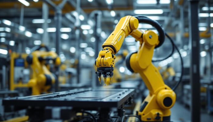 A photograph of a sleek industrial robotic arm in action at mountain view hyundai's facility