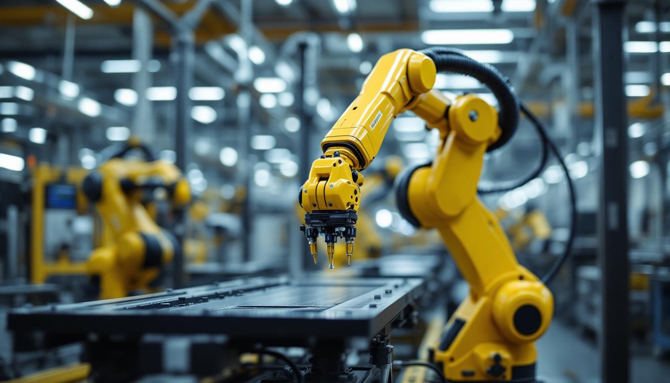 A photograph of a sleek industrial robotic arm in action at mountain view hyundai's facility